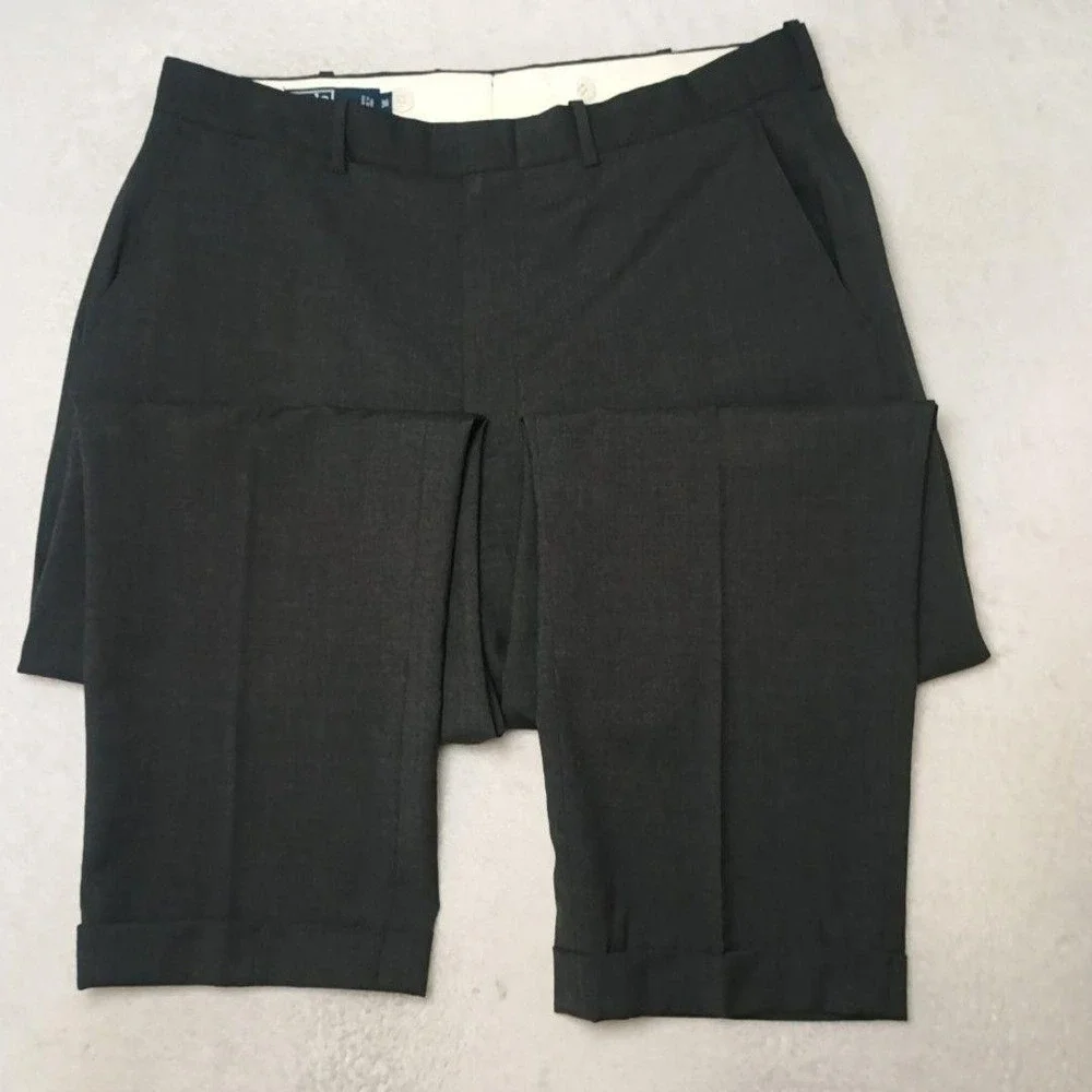 Polo Ralph Lauren Pants Men 36x28 Gray Dress Wool Cuffed Lined Flat Front Hole